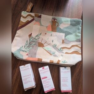 Clarins Skincare Set with Patterned Pouch
